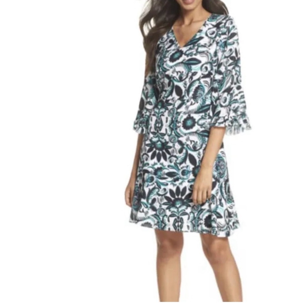 Kobi Halperin Scottie Dress Womens L White Turquoise Black Scroll Travel